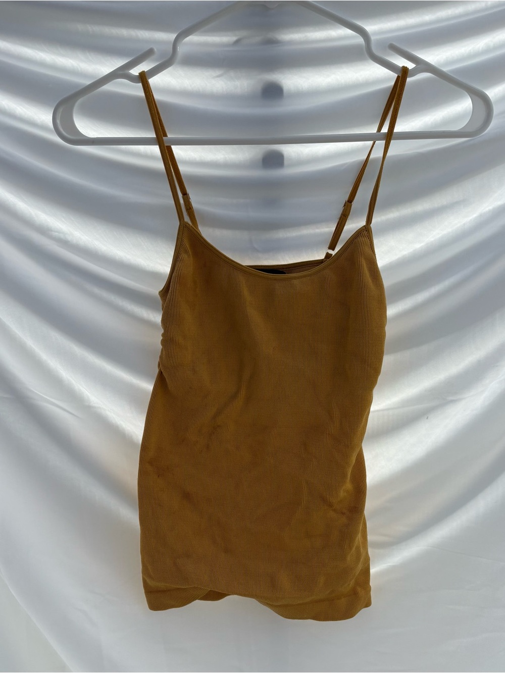 bebe Ribbed Spaghetti Strap Tank Top - Mustard Brown